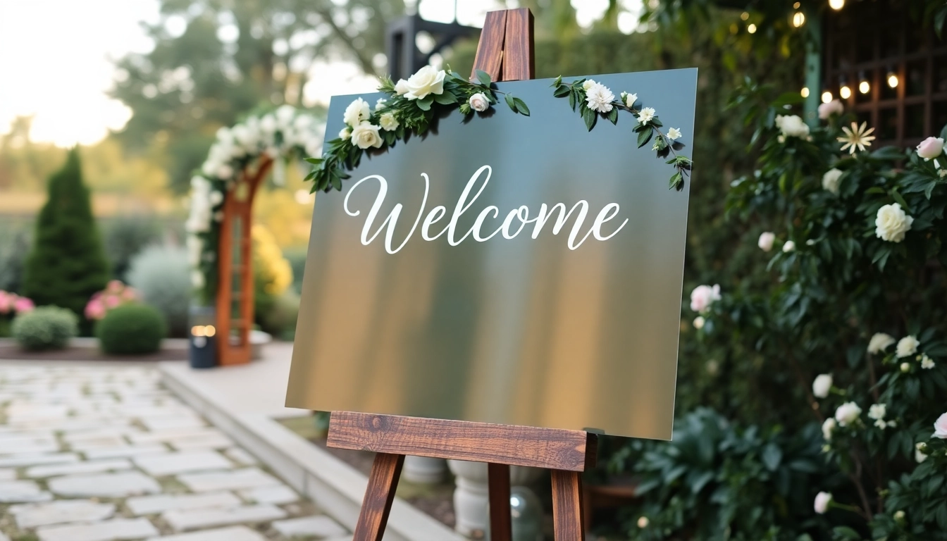 Beautiful wedding welcome sign with elegant lettering and floral details, creating a warm entrance for couples' special day.