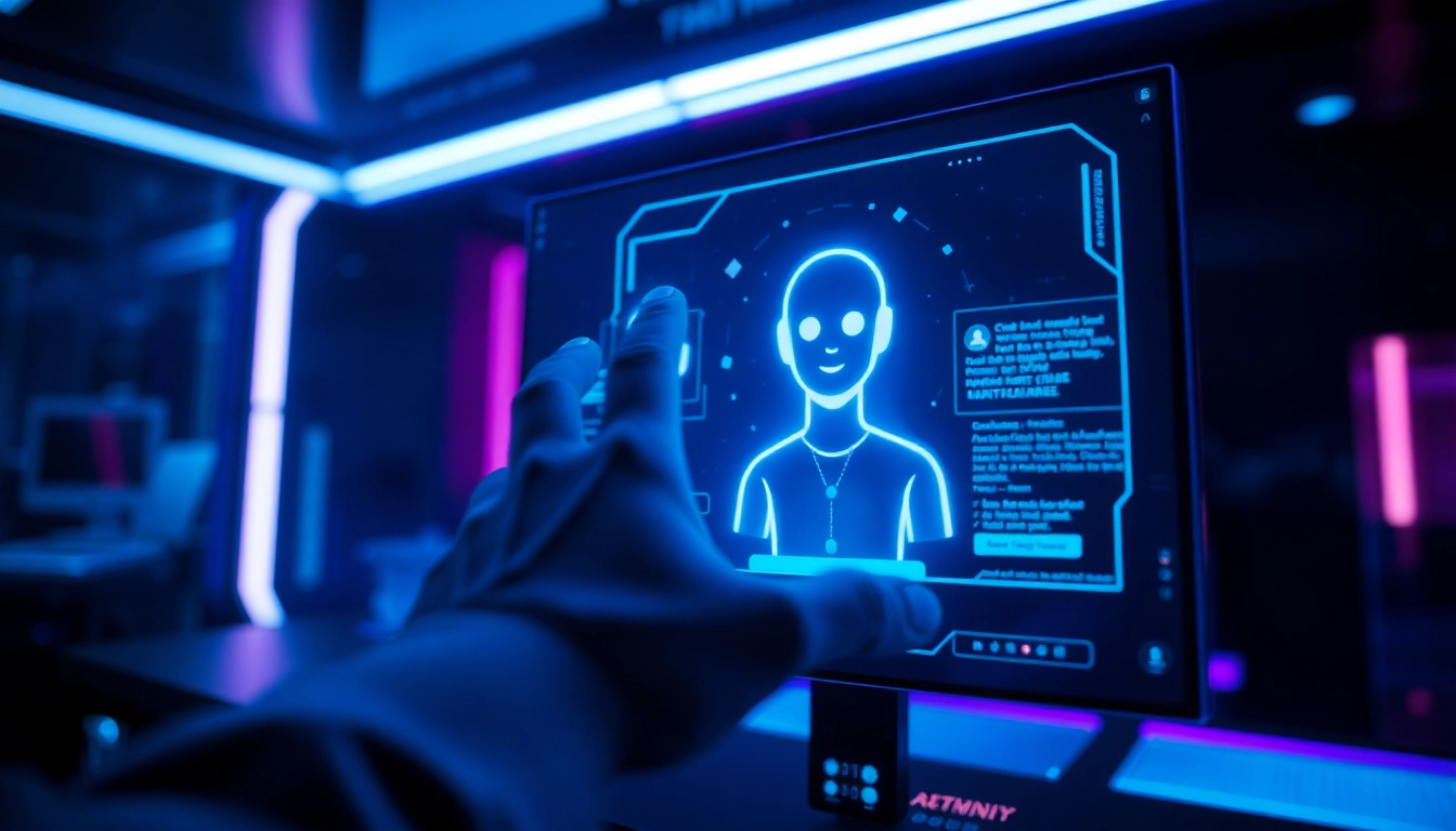 Close-up of a human hand interacting with a holographic AI chat interface in a futuristic setting.