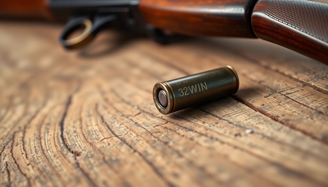 Detailed shot of a 32WIN rifle and ammunition highlighting classic firearms craftsmanship and precision.