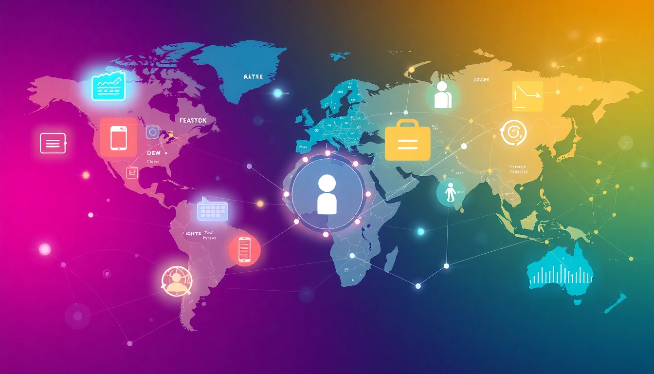 Liên minh quốc tế KJC linking global entertainment platforms through dynamic visuals and technological symbols, emphasizing connectivity and innovation for screen readers.