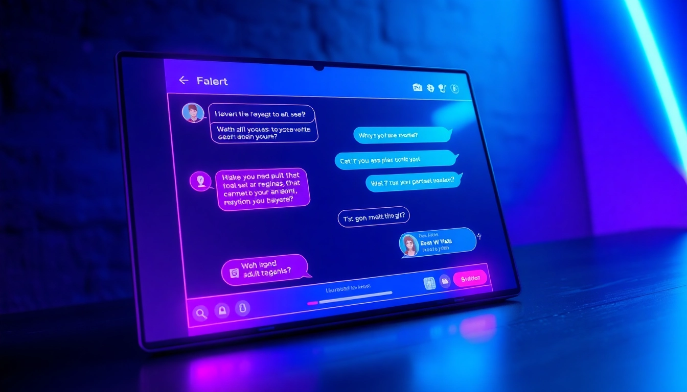 Futuristic chatbot interface with neon accents and AI character interaction