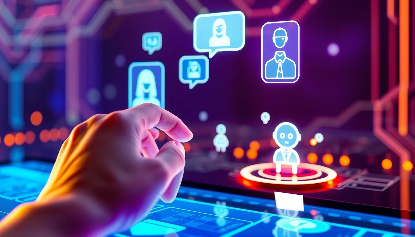 Futuristic AI chatbot interface with holographic characters and advanced technology elements.