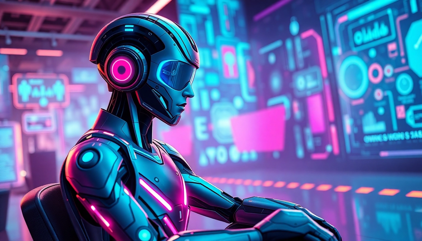 Futuristic AI character with neon accents in a high-tech digital environment.
