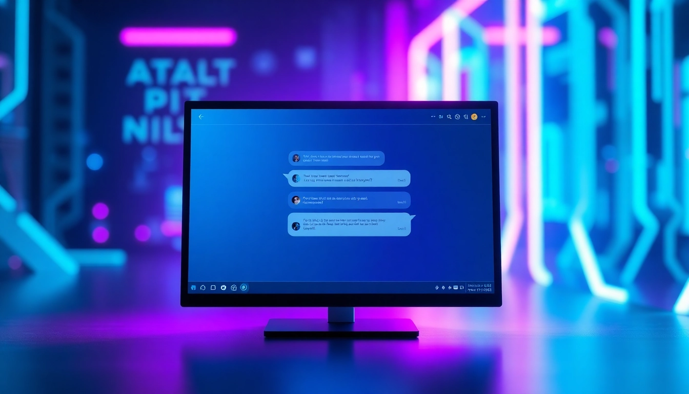 Futuristic digital chatbot interface with neon accents and a conversation on a high-tech screen.