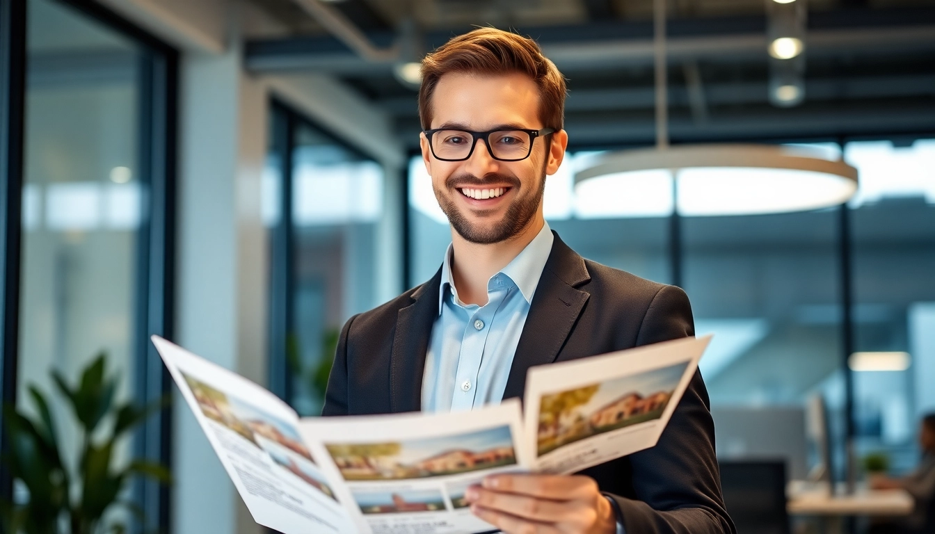 Immobilien Grevenbroich: Experienced real estate agent showcasing property listings with a friendly demeanor in a professional setting.