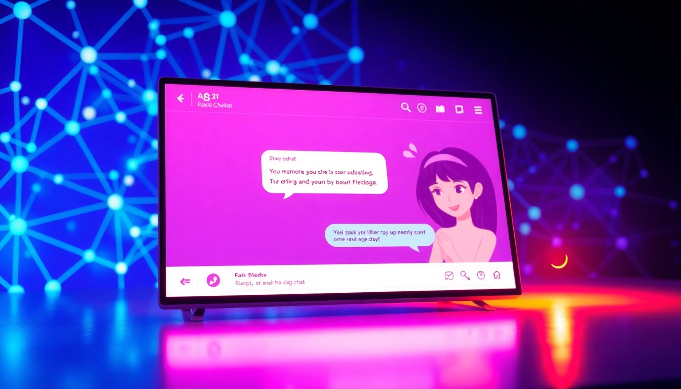 Futuristic digital interface showing a chatbot with a sensual character on a glowing screen, highlighting advanced AI chat technology.