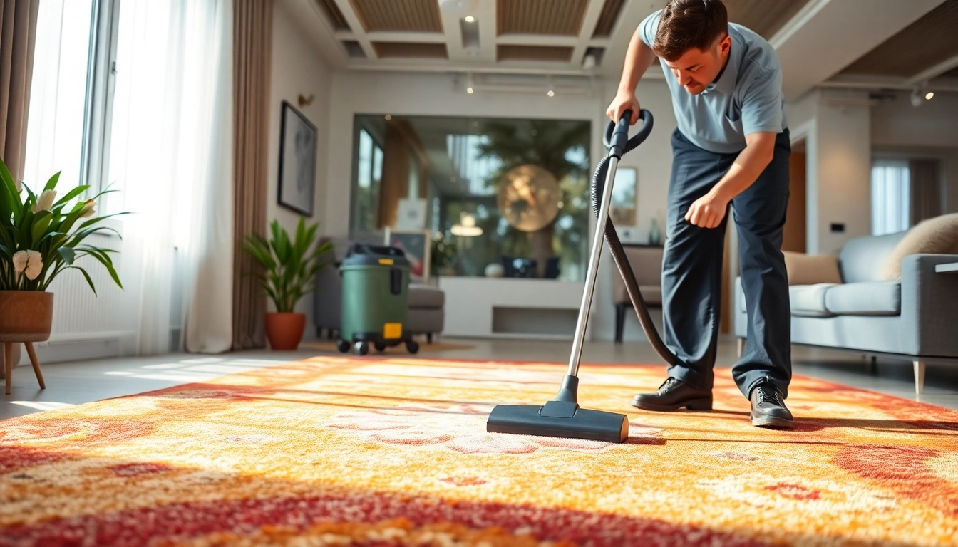 Expert team performing Lavaggio tappeto Milano with modern tools on a colorful, clean carpet to