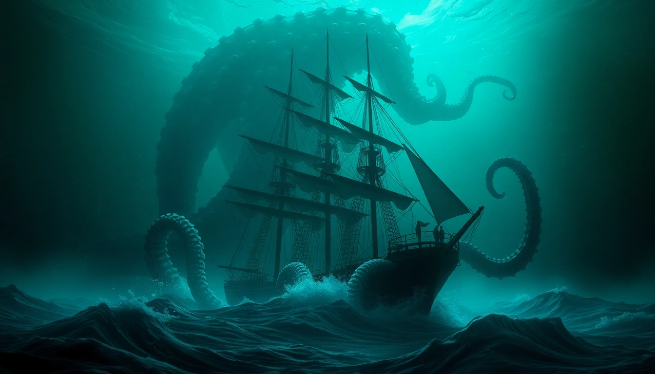 Ancient illustration of a kraken looming beneath the sea, emphasizing connection as a legendary