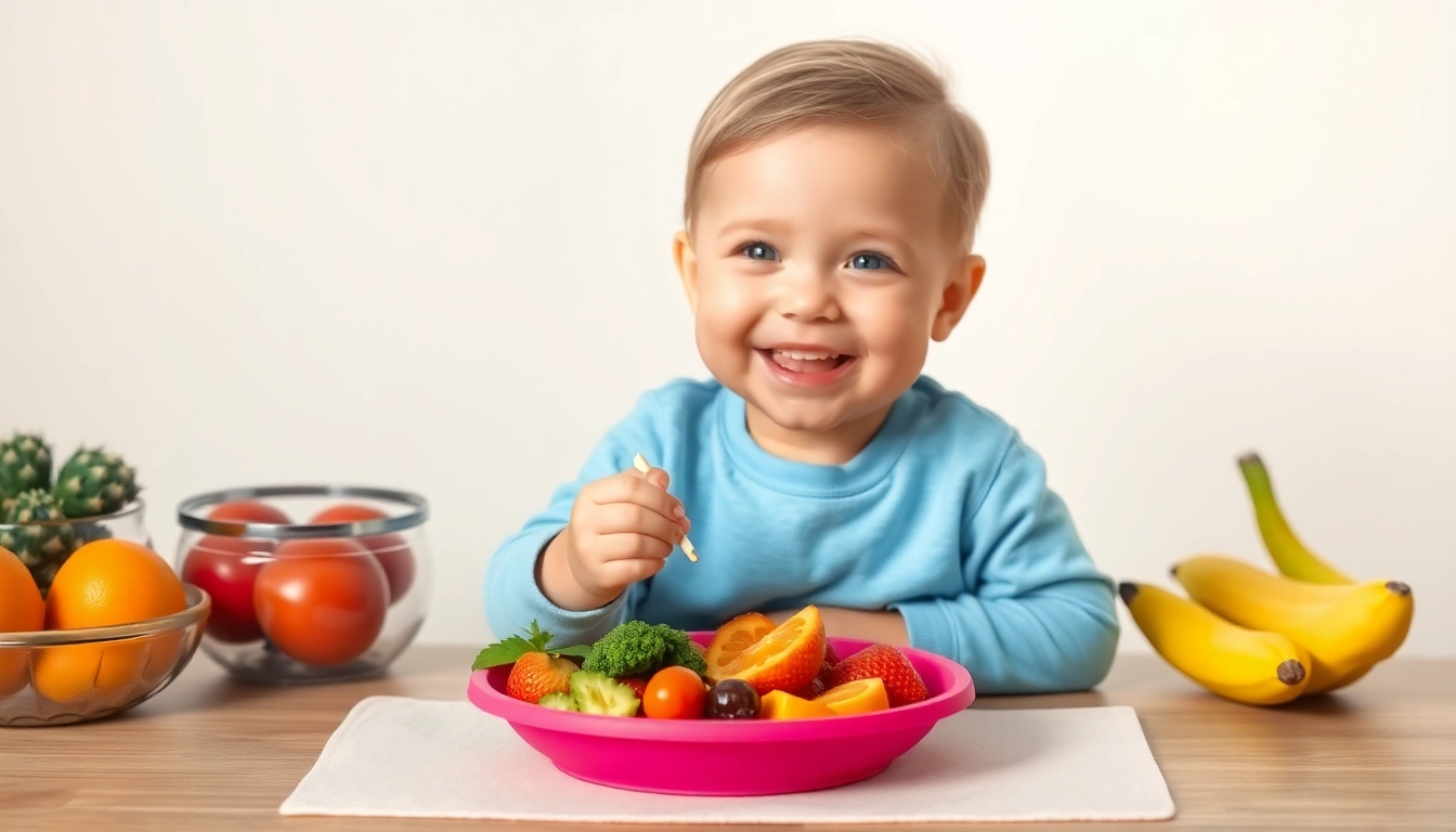 Healthy baby food Made in Italy featuring a happy baby enjoying fresh organic meal with