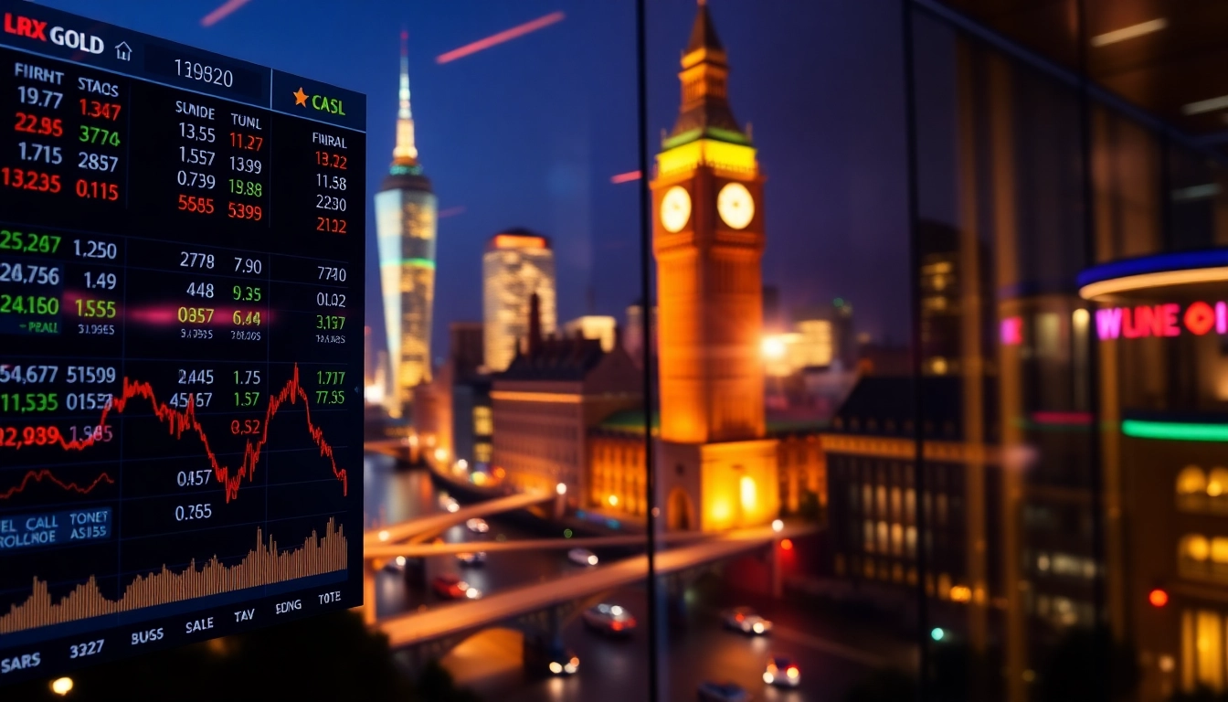 UK Trading and Investment Platform showing stock and gold market data with UK city skyline in
