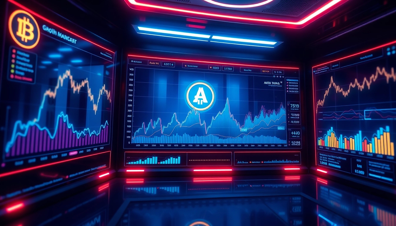High-tech aicoin market analysis dashboard with live charts and digital data visualization for
