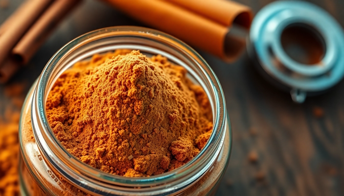 Cinnamon Powder showcased in a glass jar with rustic wooden background, highlighting quality